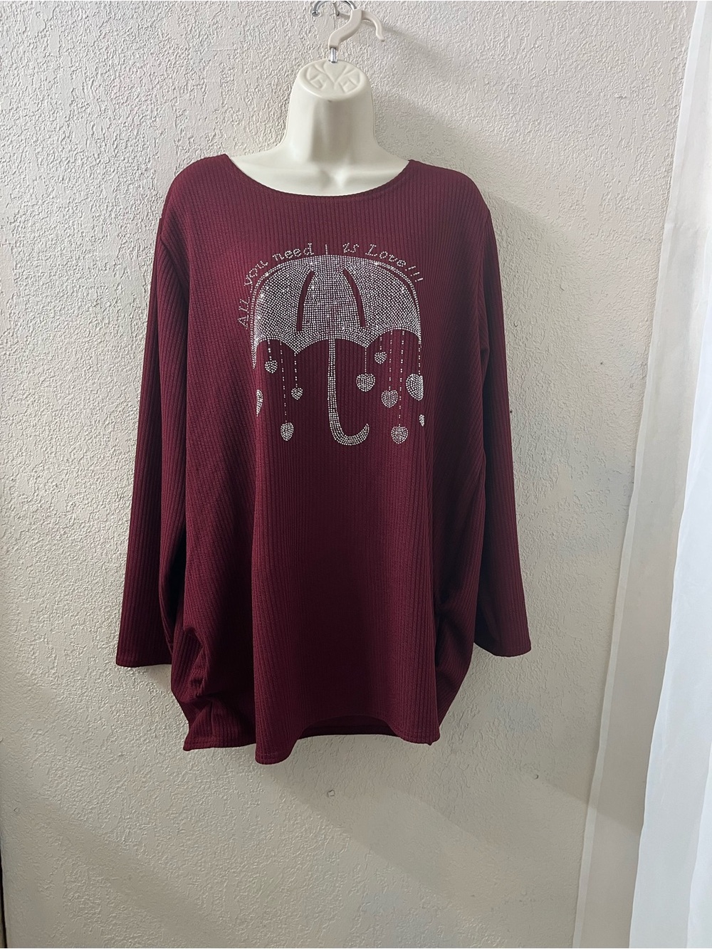 Women’s Burgundy Long-Sleeve Waffle-Knit Sweatshirt with Umbrella Graphic